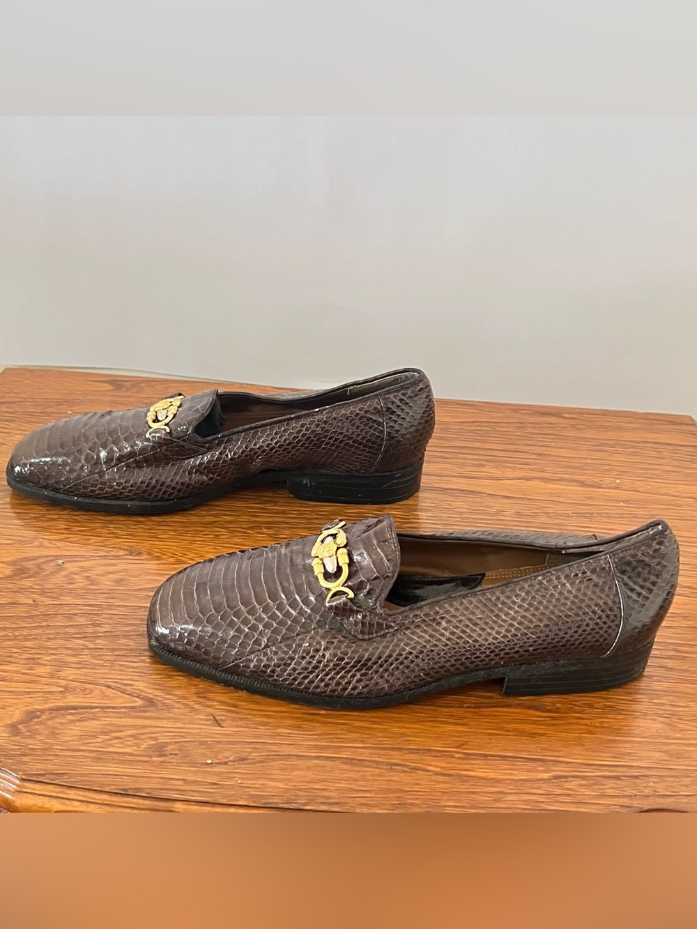 Giorgio Brutini Brown Genuine Snake- Texture Slip-On Loafers with Gold Bit
